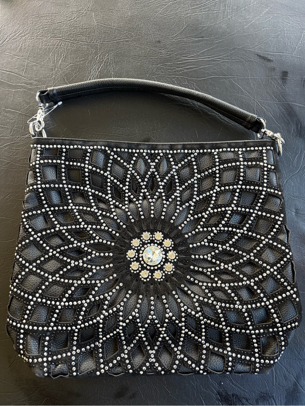 Black Rhinestone Crystal Cutout Hobo Shoulder Bag Purse